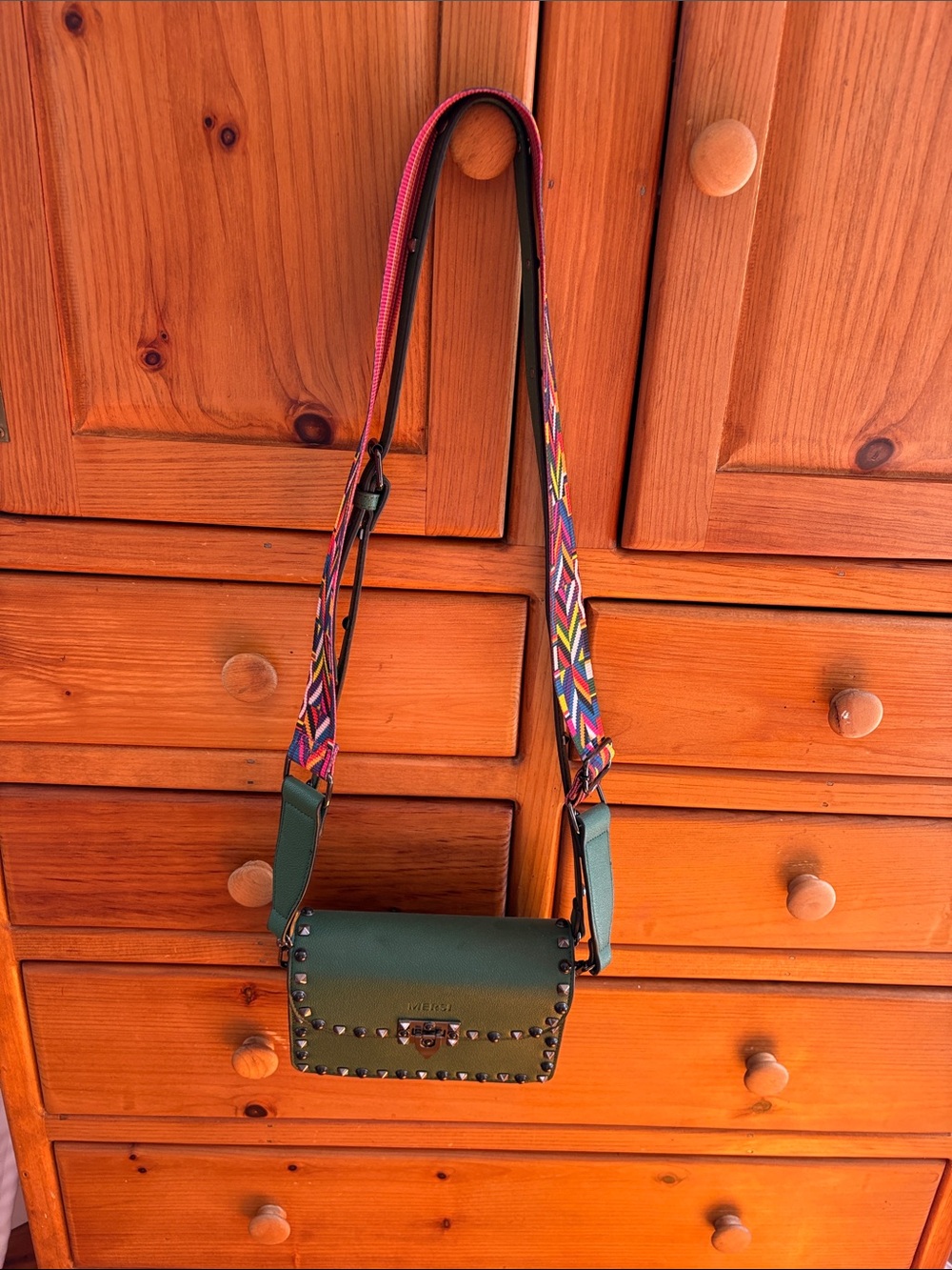 Green Studded Leather Crossbody with Colorful Woven Strap